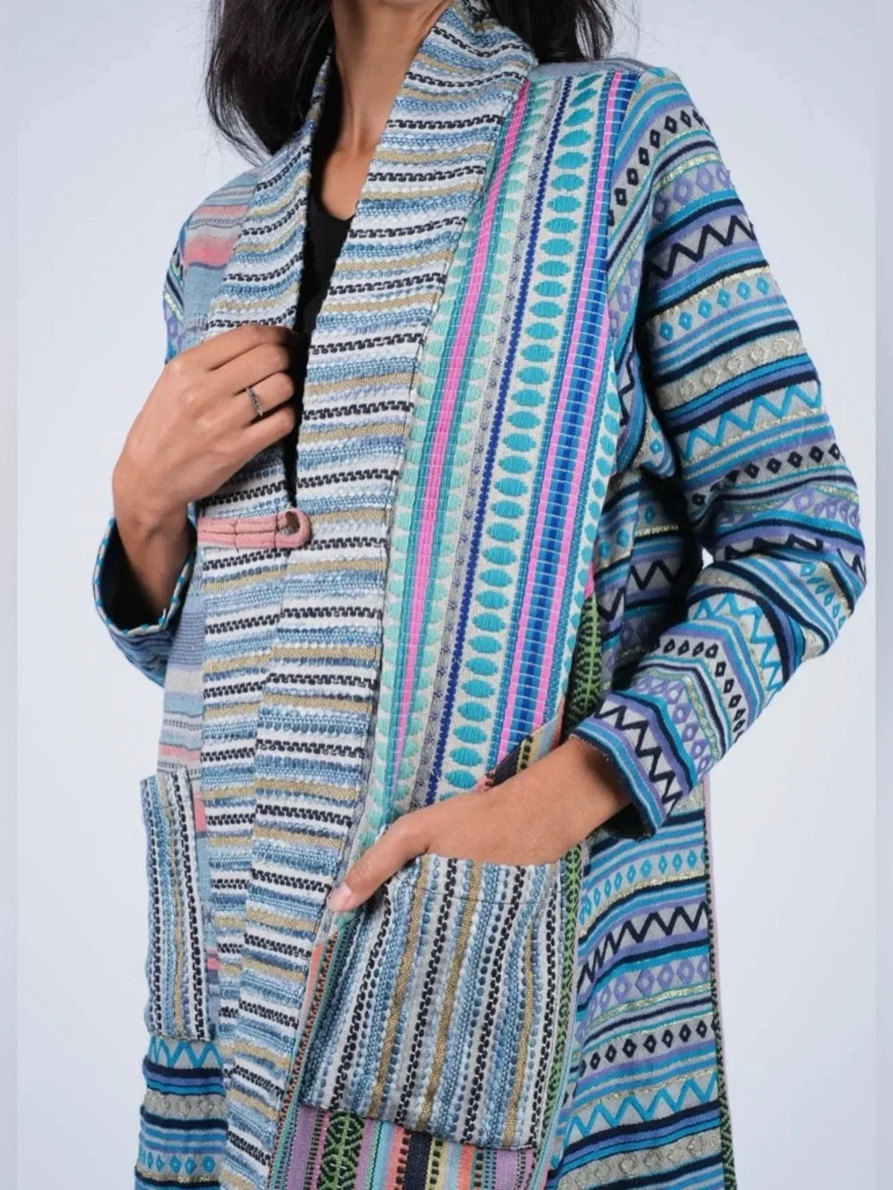 Sacred Threads Striped Boho Long Cardigan Coat in Blue & Pastels - Picture 2 of 8